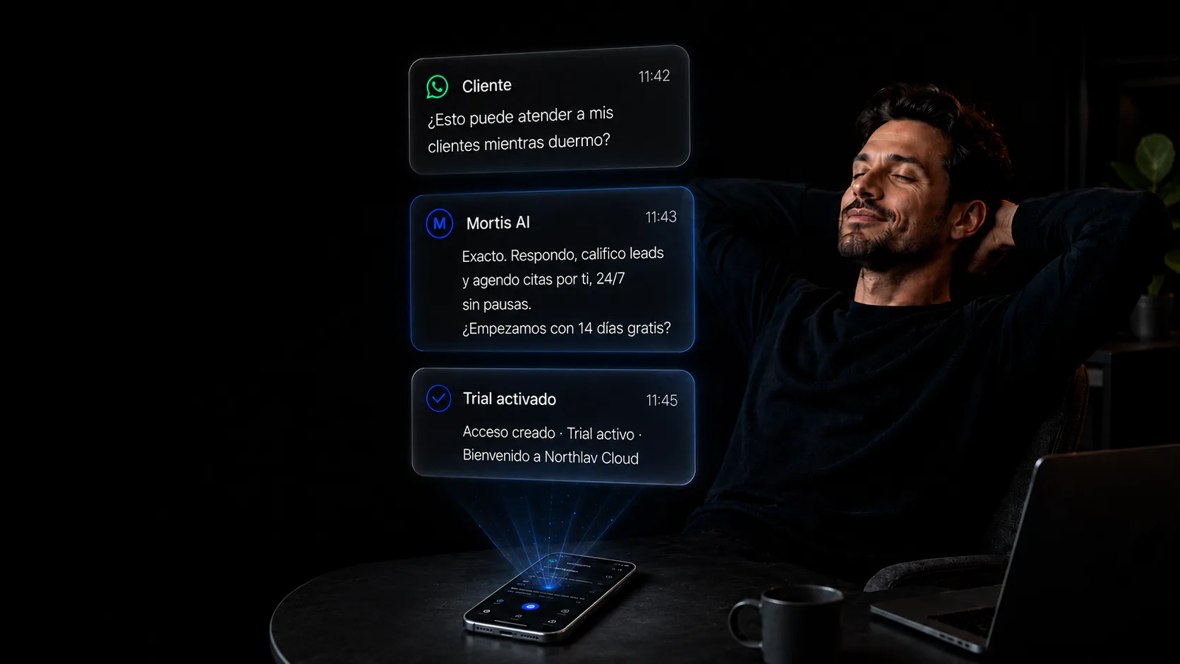 Northlav Cloud respondiendo clientes por WhatsApp de forma automática mientras el dueño del negocio descansa